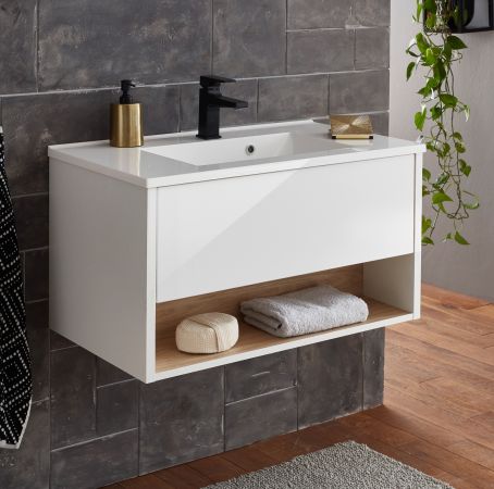 Waschbeckenunterschrank MIT Waschbecken Glide in wei� Hochglanz und Eiche 80 cm
