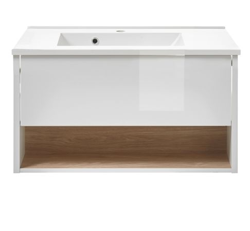 Waschbeckenunterschrank MIT Waschbecken Glide in wei� Hochglanz und Eiche 80 cm