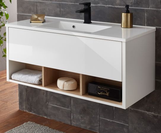 Waschbeckenunterschrank MIT Waschbecken Glide in wei� Hochglanz und Eiche 100 cm