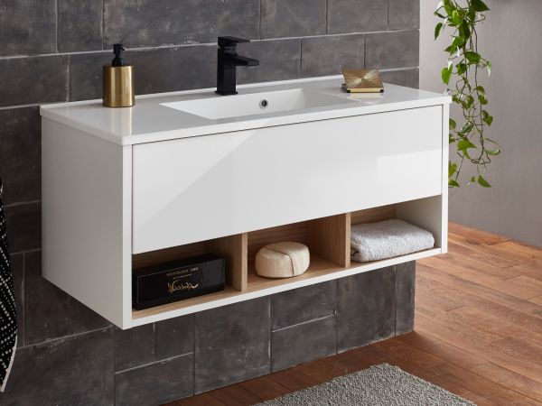 Waschbeckenunterschrank MIT Waschbecken Glide in wei� Hochglanz und Eiche 100 cm