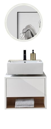 Badm�bel Set 2-teilig Glide in wei� Hochglanz und Eiche mit LED Beleuchtung 60 x 190 cm