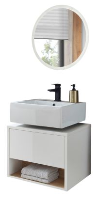 Badm�bel Set 2-teilig Glide in wei� Hochglanz und Eiche mit LED Beleuchtung 60 x 190 cm