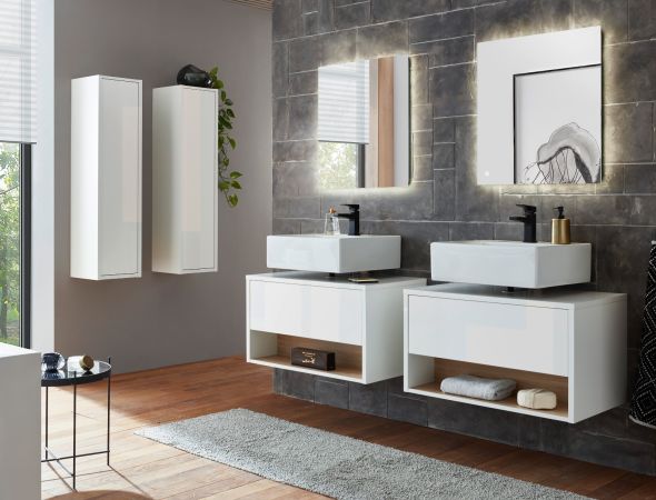 Badm�bel Set 2-teilig Glide in wei� Hochglanz und Eiche mit LED Beleuchtung 80 x 190 cm