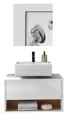 Badm�bel Set 2-teilig Glide in wei� Hochglanz und Eiche mit LED Beleuchtung 80 x 190 cm