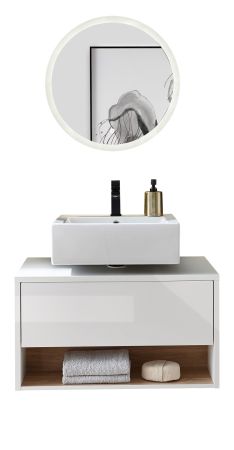 Badm�bel Set 2-teilig Glide in wei� Hochglanz und Eiche mit LED Beleuchtung 80 x 190 cm