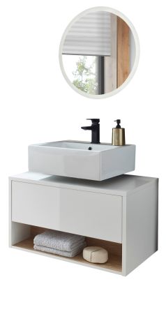Badm�bel Set 2-teilig Glide in wei� Hochglanz und Eiche mit LED Beleuchtung 80 x 190 cm