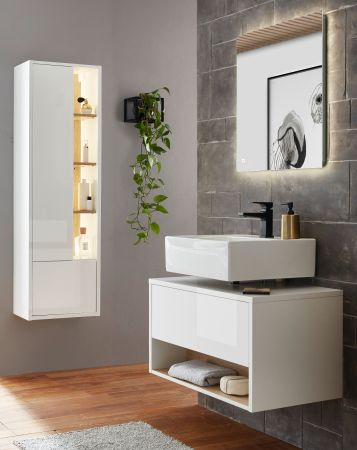 Badm�bel Set 3-teilig Glide in wei� Hochglanz und Eiche mit LED Beleuchtung 135 x 190 cm