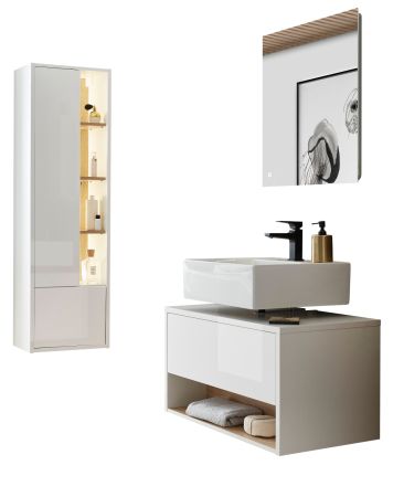 Badm�bel Set 3-teilig Glide in wei� Hochglanz und Eiche mit LED Beleuchtung 135 x 190 cm