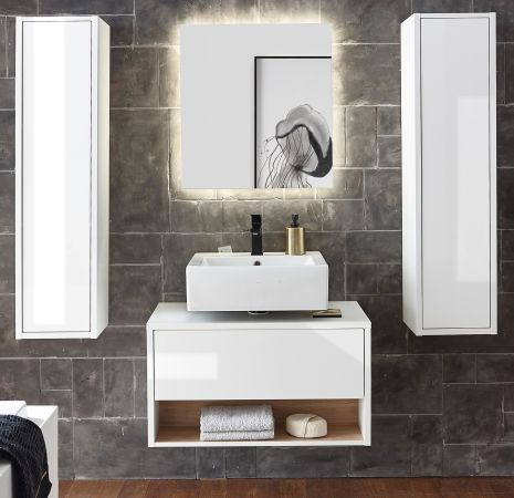 Badm�bel Set 4-teilig Glide in wei� Hochglanz und Eiche mit LED Beleuchtung 160 x 190 cm