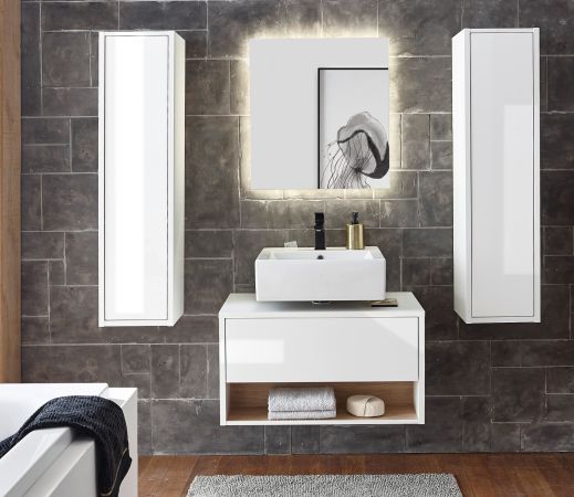 Badm�bel Set 4-teilig Glide in wei� Hochglanz und Eiche mit LED Beleuchtung 160 x 190 cm