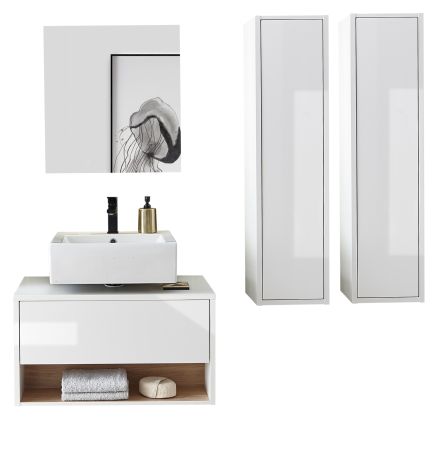 Badm�bel Set 4-teilig Glide in wei� Hochglanz und Eiche mit LED Beleuchtung 160 x 190 cm