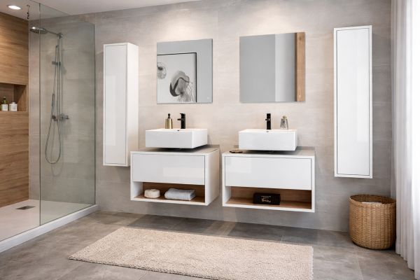 Badm�bel Set 6-teilig Glide in wei� Hochglanz und Eiche mit LED Beleuchtung 250 x 190 cm