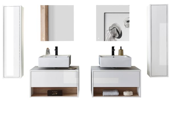 Badm�bel Set 6-teilig Glide in wei� Hochglanz und Eiche mit LED Beleuchtung 250 x 190 cm