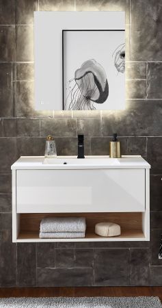 Badm�bel Set Glide in wei� Hochglanz und Eiche mit Waschbecken und LED Beleuchtung 80 x 190 cm