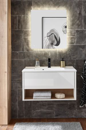 Badm�bel Set Glide in wei� Hochglanz und Eiche mit Waschbecken und LED Beleuchtung 80 x 190 cm