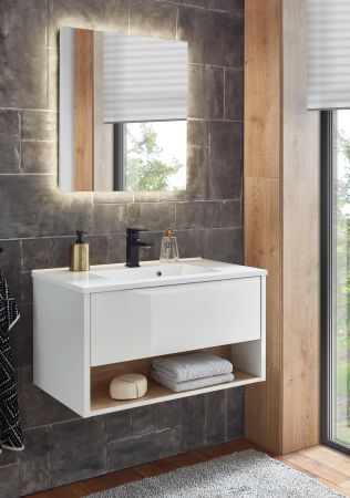Badm�bel Set Glide in wei� Hochglanz und Eiche mit Waschbecken und LED Beleuchtung 80 x 190 cm
