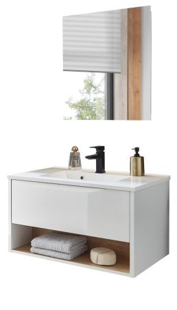 Badm�bel Set Glide in wei� Hochglanz und Eiche mit Waschbecken und LED Beleuchtung 80 x 190 cm