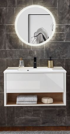Badm�bel Set Glide in wei� Hochglanz und Eiche mit Waschbecken und LED Beleuchtung 80 x 190 cm
