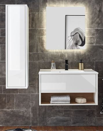 Badm�bel Set Glide in wei� Hochglanz und Eiche mit Waschbecken und LED Beleuchtung 120 x 190 cm