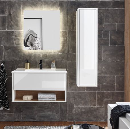 Badm�bel Set Glide in wei� Hochglanz und Eiche mit Waschbecken und LED Beleuchtung 120 x 190 cm