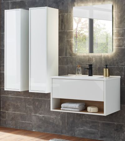 Badm�bel Set Glide in wei� Hochglanz und Eiche mit Waschbecken und LED Beleuchtung 160 x 190 cm