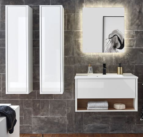 Badm�bel Set Glide in wei� Hochglanz und Eiche mit Waschbecken und LED Beleuchtung 160 x 190 cm