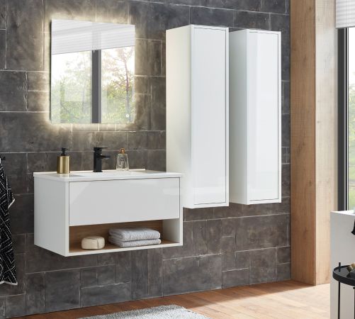 Badm�bel Set Glide in wei� Hochglanz und Eiche mit Waschbecken und LED Beleuchtung 160 x 190 cm