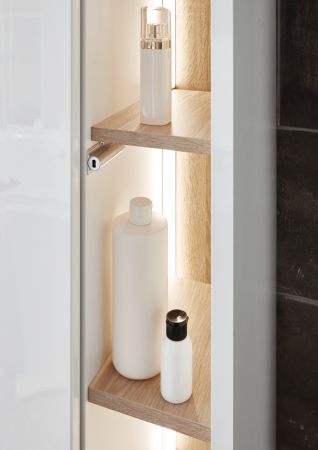 Badm�bel Set Glide in wei� Hochglanz und Eiche mit Waschbecken und LED Beleuchtung 225 x 190 cm