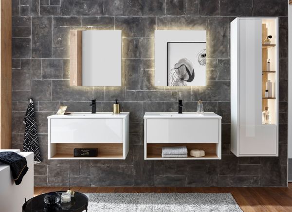 Badm�bel Set Glide in wei� Hochglanz und Eiche mit Waschbecken und LED Beleuchtung 225 x 190 cm