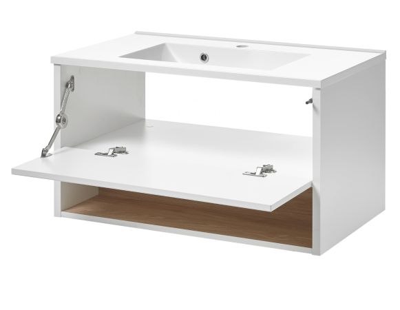 Badm�bel Set Glide in wei� Hochglanz und Eiche mit Waschbecken und LED Beleuchtung 225 x 190 cm