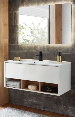 Badm�bel Set Glide in wei� Hochglanz und Eiche mit Waschbecken und LED Beleuchtung 100 x 190 cm