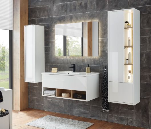 Badm�bel Set Glide in wei� Hochglanz und Eiche mit Waschbecken und LED Beleuchtung 100 x 190 cm