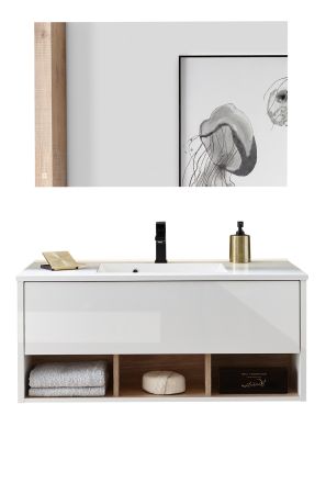 Badm�bel Set Glide in wei� Hochglanz und Eiche mit Waschbecken und LED Beleuchtung 100 x 190 cm