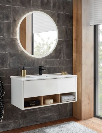 Badm�bel Set Glide in wei� Hochglanz und Eiche mit Waschbecken und LED Beleuchtung 100 x 190 cm