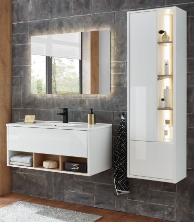 Badm�bel Set Glide in wei� Hochglanz und Eiche mit Waschbecken und LED Beleuchtung 155 x 190 cm