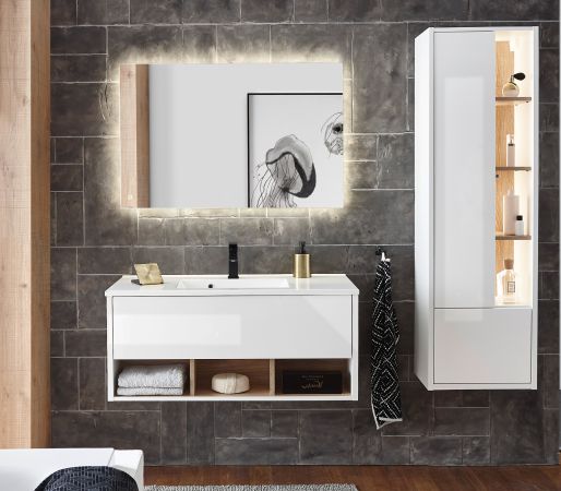 Badm�bel Set Glide in wei� Hochglanz und Eiche mit Waschbecken und LED Beleuchtung 155 x 190 cm