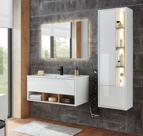 Badm�bel Set Glide in wei� Hochglanz und Eiche mit Waschbecken und LED Beleuchtung 155 x 190 cm