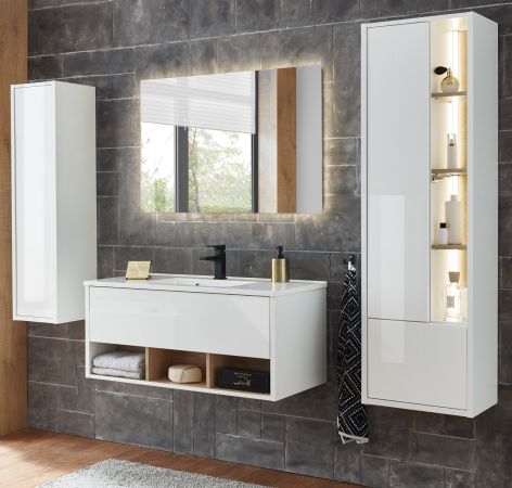 Badm�bel Set Glide in wei� Hochglanz und Eiche mit Waschbecken und LED Beleuchtung 195 x 190 cm