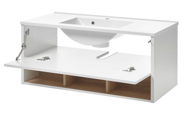 Badm�bel Set Glide in wei� Hochglanz und Eiche mit Waschbecken und LED Beleuchtung 195 x 190 cm