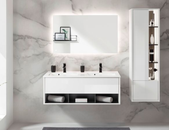 Badezimmer Hochschrank Glide in wei� Hochglanz und grau inkl. Beleuchtung 45 x 150 cm