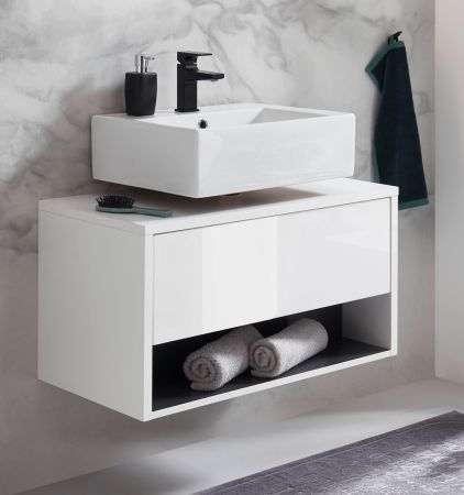 Waschbeckenunterschrank Glide in wei� Hochglanz und grau 80 cm