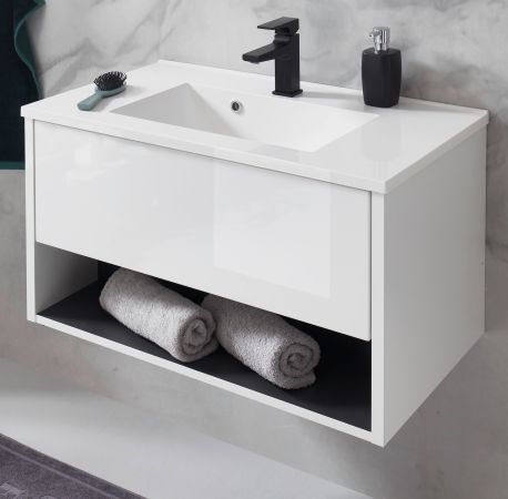 Waschbeckenunterschrank MIT Waschbecken Glide in wei� Hochglanz und grau 80 cm