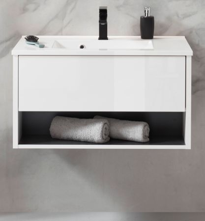 Waschbeckenunterschrank MIT Waschbecken Glide in wei� Hochglanz und grau 80 cm