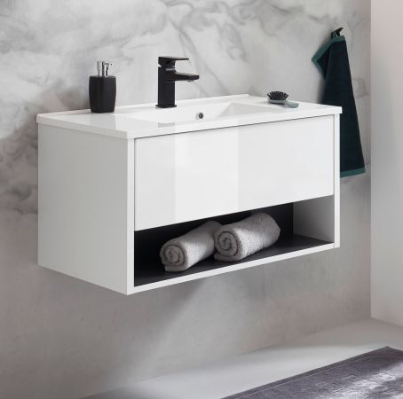 Waschbeckenunterschrank MIT Waschbecken Glide in wei� Hochglanz und grau 80 cm
