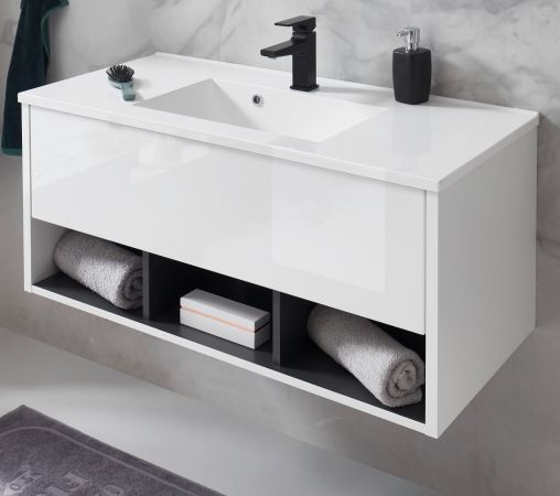 Waschbeckenunterschrank MIT Waschbecken Glide in wei� Hochglanz und grau 100 cm