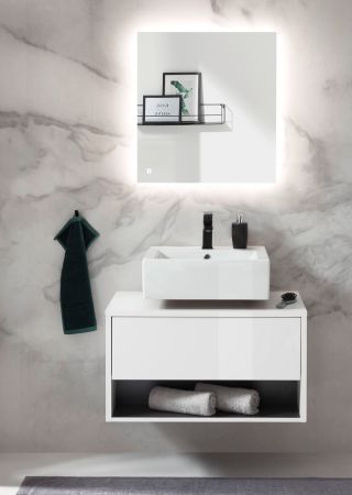 Badm�bel Set 3-teilig Glide in wei� Hochglanz und grau mit LED Beleuchtung 135 x 190 cm