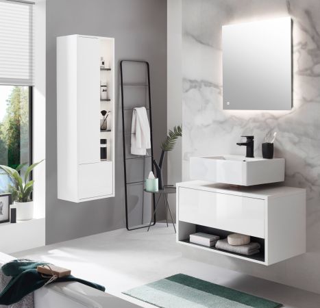 Badm�bel Set 3-teilig Glide in wei� Hochglanz und grau mit LED Beleuchtung 135 x 190 cm