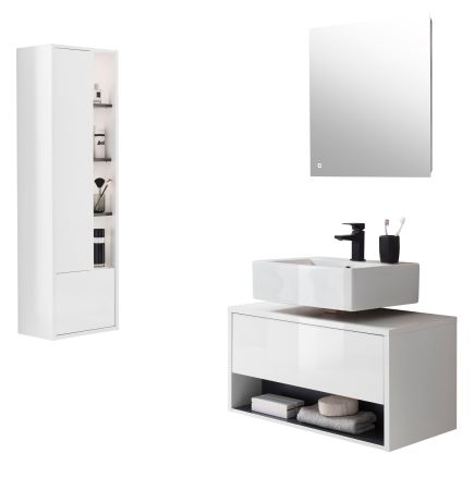 Badm�bel Set 3-teilig Glide in wei� Hochglanz und grau mit LED Beleuchtung 135 x 190 cm