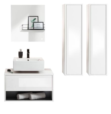 Badm�bel Set 4-teilig Glide in wei� Hochglanz und grau mit LED Beleuchtung 160 x 190 cm