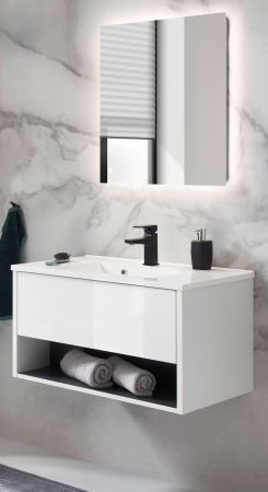 Badm�bel Set Glide in wei� Hochglanz und grau mit Waschbecken und LED Beleuchtung 80 x 190 cm